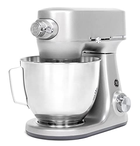 GE Tilt-Head Electric Stand Mixer | 7-Speed, 350-Watt Motor | Includes 5.3-Quart Bowl, Flat Beater, Dough Hook, Wire Whisk & Pouring Shield | Countertop Kitchen Essentials | Granite Gray GE