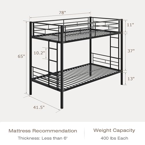 VECELO Bunk Bed Twin Over Twin, Metal Bunkbeds with Ladder and Full-Length Guardrail, No Box Spring Needed, Space Saving, Noise Free, Black VECELO