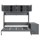Queen Horizontal Murphy Bed with Desk and Storage Bookcase Shelves,Pine Wood Murphy Wall Bed with Storage Shelves and Desk,for Adults (Grey) MERITLINE