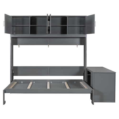 MaiDeHaoo Horizontal Queen Size Murphy Bed with Desk and Storage Drawers, Space Saving Wood Folding Wall Bed with Storage Shelves and Cabinets, Gray MaiDeHaoo
