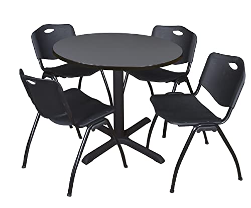 Cain 42" Round Breakroom Table- Grey & 4 'M' Stack Chairs- Black Regency