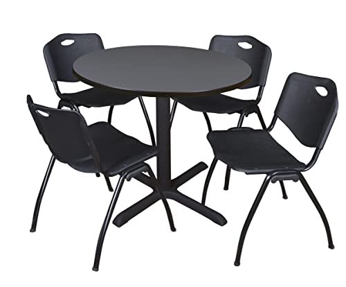 Cain 42" Round Breakroom Table- Grey & 4 'M' Stack Chairs- Black - WoodArtSupply