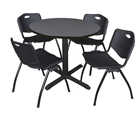 Cain 42" Round Breakroom Table- Grey & 4 'M' Stack Chairs- Black Regency