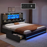 DWVO Queen Size Bed Frame with RGB LED Lights & Storage Bookcase Headboard, Upholstered Bed with Charging Station and 4 Drawers, No Box Spring Needed, Easy Assembly, Noise-Free, PU Leather Black DWVO
