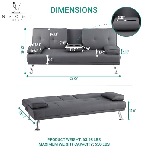 Naomi Home Transform Your Living Space with Comfort Gray Futon Sofa Bed with Armrest Cupholders Reclining Function Ideal for Cozy Living Rooms Sofa Bed Couch Metal Legs Faux Leather Naomi Home