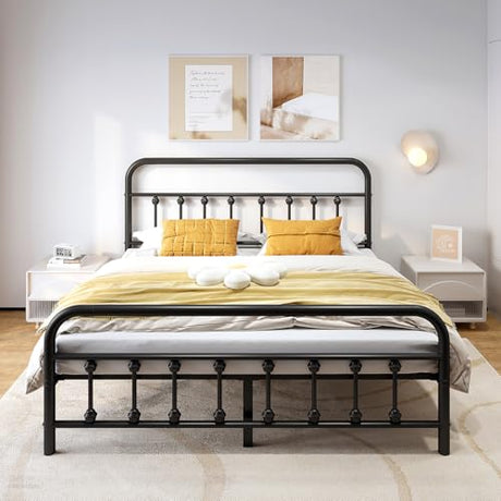 Vengarus Metal Bed Frame,Queen Size Bed Frame with Headboard,Structurally Stable, Heavy Duty Steel Slat Supported,Under Bed Storage,No Box Spring Needed,14 Inch,Black Vengarus