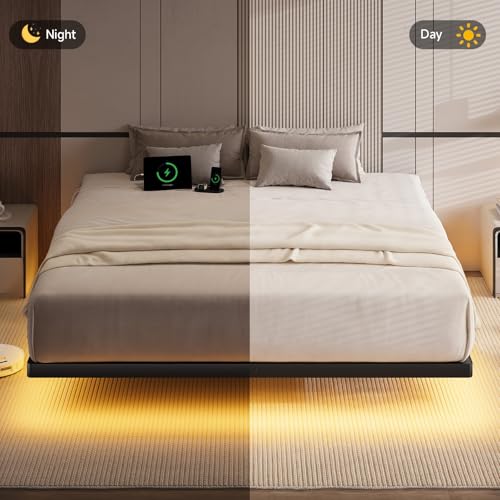 ONBRILL King Size Floating Bed Frame with USB Charging Station and Smart LED Lights, Heavy Duty Metal Platform Bed with Underbed Storage Space, Easy to Assemble, Noise-Free, No Box Spring Needed ONBRILL