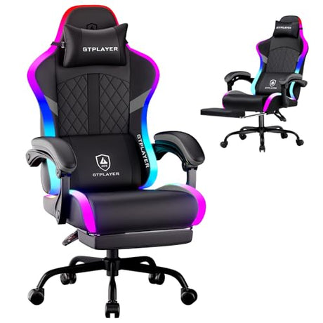 GTPLAYER RGB Gaming Chair, Computer Gamer Chair with Footrest and LED Lights, PC Gamer Chairs for Adults, High Back Reclining Office Chairs, Linkage Armrest (Gray) GTPLAYER