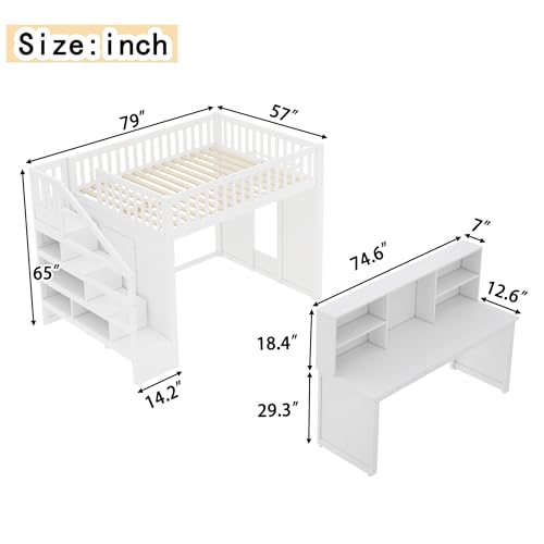 Bellemave Full Loft Bed with Stairs and Movable Desk and Shelves, Wood Loft Bed with Storage Stairs for Kids, Teens, Adults, White Bellemave