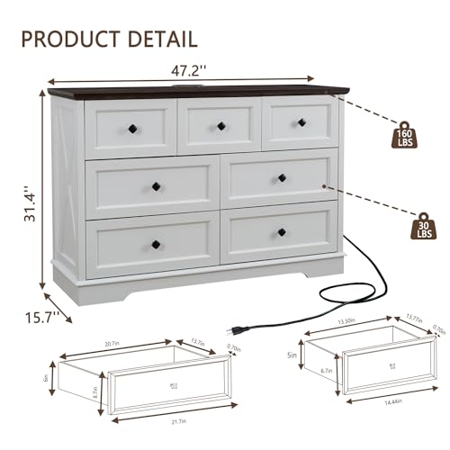 LDTTCUK 7 Drawer Dresser, Farmhouse Dresser Chest of Drawer for Bedroom, Modern Wood Drawer Dresser with Charging Station, Chest of Drawers Storage Cabinet for Living Room, Entryway, Hallway, - WoodArtSupply