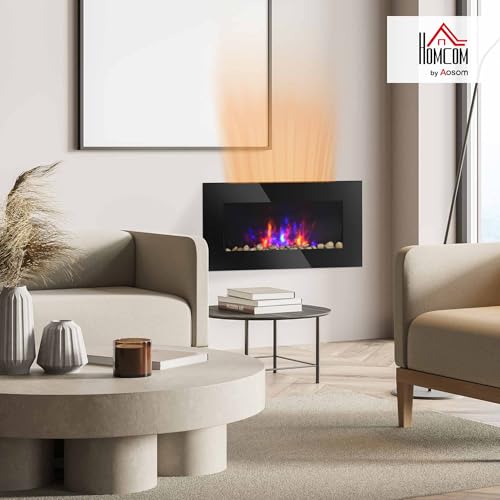 HOMCOM 29" Electric Fireplace, Wall Mounted Fireplace with 7 Adjustable LED Flame Colors, Remote Control, Fireplace Heater for Living Room, 1450W, Black HOMCOM