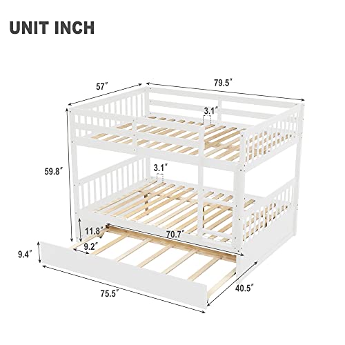 PVWIIK Full Over Full Bunk Bed with Trundle and Ladder for Kids Bedroom,Wood Bed Frame with Safety Rails,Convertible to 2 Bed,No Box Spring Needed,White PVWIIK