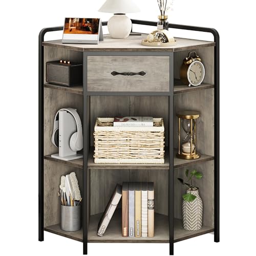 IDEALHOUSE Grey Corner Cabinet with Drawer, USB Ports & 9 Cube Storage Solution - WoodArtSupply