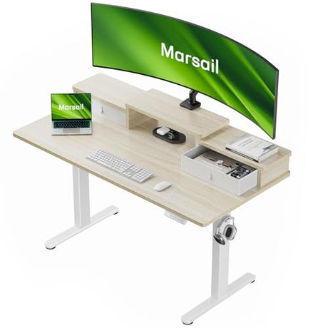 Marsail Electric Standing Desk with Drawers, 55″ x 28″ Height Adjustable Sit Stand Up Desk with Storage Shelf, Ergonomic Home Office & Computer Table with 4 Memory Heights, Maple Marsail