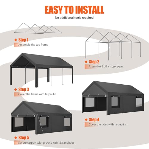 JAMFLY Carport, 12x20 ft Heavy Duty Carport with Roll-up Windows, Portable Garage with Removable Sidewalls & Doors, Car Canopy with Sandbags and All-Season Tarp for Car Boat Truck Motorcycle, Grey JAMFLY