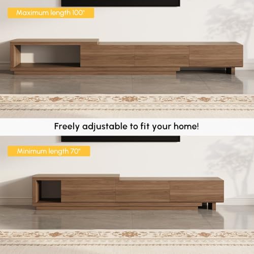 homary Extendable Walnut TV Stand – Modern Media Console with 3 Drawers, Adjustable Length (71"–100") for 80" TV, Living Room Entertainment Storage Cabinet (MDF, Walnut) homary