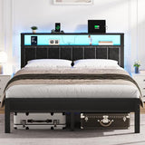 OLEVS Queen Size Bed Frame with LED Lights & Charging Station, Modern Platform Bed with 2-Tier Storage Headboard, No Box Spring Needed, Noise Free OLEVS