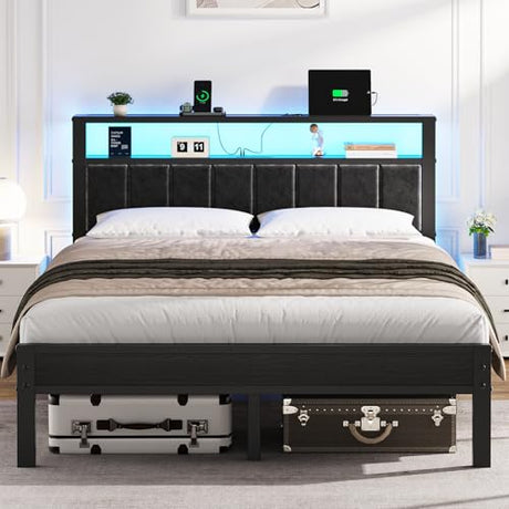 OLEVS Queen Size Bed Frame with LED Lights & Charging Station, Modern Platform Bed with 2-Tier Storage Headboard, No Box Spring Needed, Noise Free OLEVS