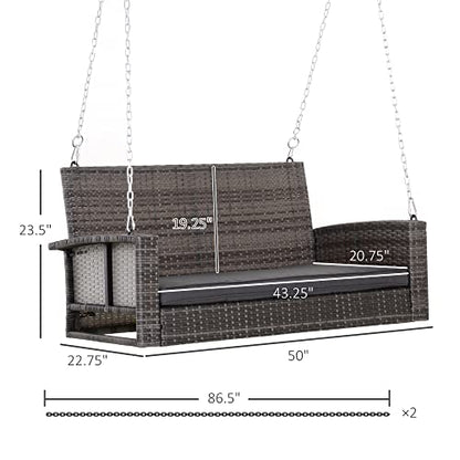 Outsunny 2 Person Wicker Hanging Swing Bench, Front Porch Swing Outdoor Chair with Cushions 550 lbs. Weight Capacity for Backyard, Garden, Grey - WoodArtSupply