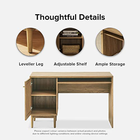 mopio Haylee Farmhouse Rattan Study Desk with Adjustable Shelf Storage Space mopio