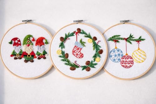 Looples Embroidery Kit for Beginners and Adults with Video Tutorials – DIY Starter Kit with 3 Stamped Floral Patterns, Hoops, Threads, Needles, and Instructions (Gnomes, Ornaments & Holiday Wreath)