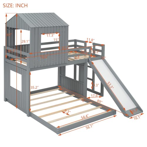 Harper & Bright Designs House Bunk Beds Twin Over Full Size, Wood Bunk Beds with Roof and Window (Grey, Twin Over Full (with Slide)) Harper & Bright Designs