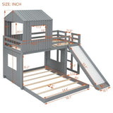 Harper & Bright Designs House Bunk Beds Twin Over Full Size, Wood Bunk Beds with Roof and Window (Grey, Twin Over Full (with Slide)) Harper & Bright Designs