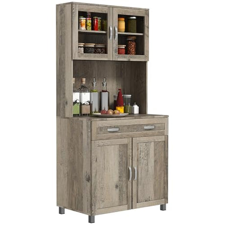 HOMCOM 67" Pantry Cabinet, Modern Kitchen Hutch, Freestanding Storage Cabinet with Glass Doors, Adjustable Shelves and Drawers for Home, Dining Room, Living Room, Gray HOMCOM
