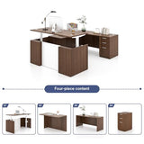 ALFA BUSINESS U-Shaped Executive Office Standing Desk with Pre-Assembled Frame & Lockable File Cabinet, Dual Motor Height Adjustable Electric Sit Stand Desk, Programmable Controller, Walnut/White ALFA BUSINESS