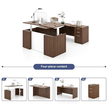 ALFA BUSINESS U-Shaped Executive Office Standing Desk with Pre-Assembled Frame & Lockable File Cabinet, Dual Motor Height Adjustable Electric Sit Stand Desk, Programmable Controller, Walnut/White ALFA BUSINESS