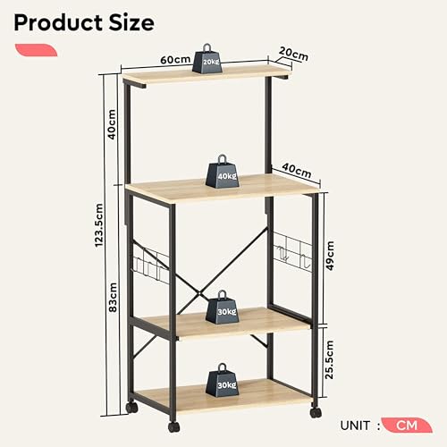 Bestier 4 Tier Shelves Portable Utility Kitchen Storage Baker's Rack Organizer Cart Stand with Adjustable Wheels and Side Hooks, 49 Inch, Oak