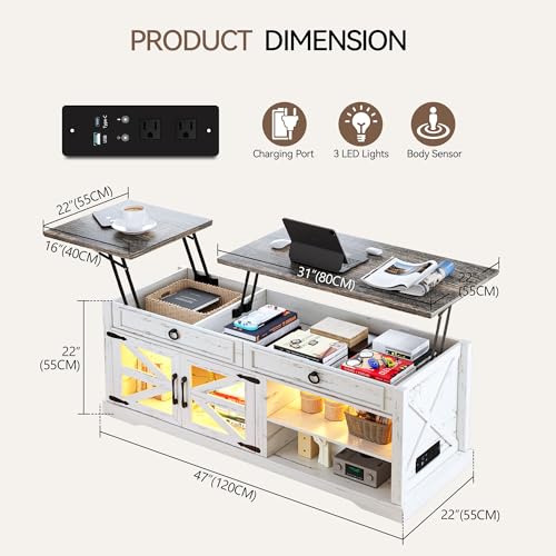 Lvifur 48" Farmhouse Lift Top Coffee Table with LED Lights & Charging Station, Living Room Center Table with 2 Hidden Storage Compartments, Lifting Tabletop and Adjustable Shelf (White) - WoodArtSupply