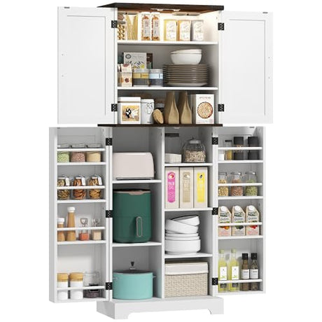 HOMCOM 64" Kitchen Pantry Cabinet with LED Motion Sensor Light, Farmhouse Tall Storage Cabinet with Adjustable Shelves, Cupboard for Living Room, Dining Room, White HOMCOM