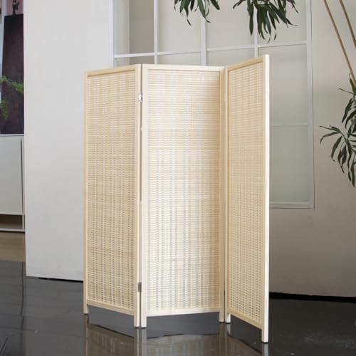 Loomveil 3 Panel Short Room Divider Folding Screen,47 inch Bamboo Panel Divider for Home Partition,Beige Loomveil