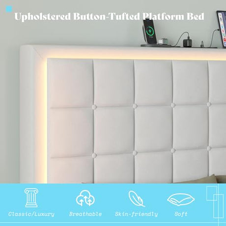 AMERLIFE King Size Upholstered Bed Frame with LED Lights, Soft Fabric/Button Tufted Platform Bed with Charging Station/Wood Slat Support/Noise Free, White AMERLIFE