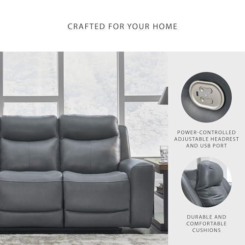 Signature Design by Ashley Mindanao Contemporary Leather Match Upholstered Power Reclining Sofa with Adjustable Headrest and USB Ports, Gray Signature Design by Ashley