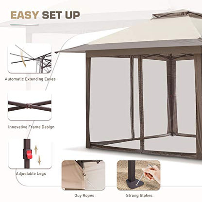 EAGLE PEAK 13x13 Pop-Up Gazebo Tent Instant w/Mosquito Netting, Outdoor Gazebo Canopy Easy Set-up Folding Shelter (Beige/Brown)…