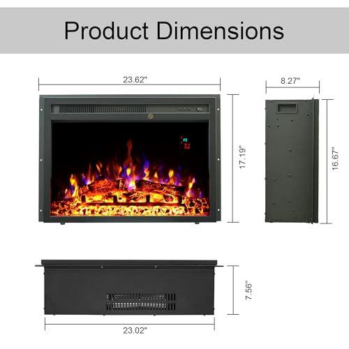 23" Electric Fireplaces Inserts, Recessed Fireplace Heater with Thermostat, 5 Flame&Fuel Bed Brightness,Timer VINEMOUNT