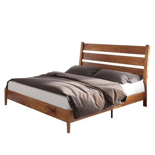 AMERLIFE King Size Mid Century Solid Wood Bed Frame with Reclining Headboard and Noise-Free Slat Support - WoodArtSupply