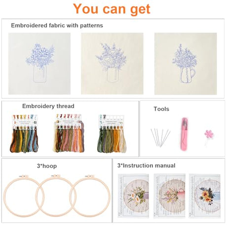 Myfelicity Embroidery kit,Floral Embroidery Art Kit, Set of 3, Decorative Pitcher Designs with Sunflowers and Wildflowers Myfelicity