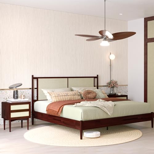 Bme Oliver King Bed Frame and Headboard - 15-Inch Signature Design with Rattan Headboard, Bohemian and Mid Century Style, 12-Slat Wood Support, No Box Spring Needed - Easy Assembly, Walnut Bme