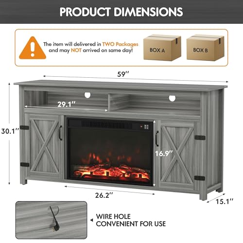 YESHOMY Fireplace TV Stand for Television up to 65+ Inch with Storage and Farmhouse Barn Doors, Entertainment Center with Cabinet and Shelves, Media Console for Living Room, Gray Wash YESHOMY