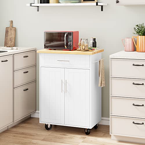 Shintenchi Kitchen Island Cart with Storage,Rolling Side Table on Wheels with Large Worktop, Cabinet,Towel Rack and Drawers for Kitchen,Dinning Room, White - WoodArtSupply