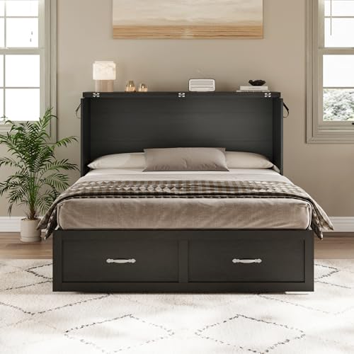 YANSNWO Full Size Murphy Bed with Storage, Farmhouse Murphy Bed Cabinet with Large Storage Drawer, Quiet Design, Foldable Platform Bed for Guest Bedroom, Home Office, Small Room, Distressed Black YANSNWO
