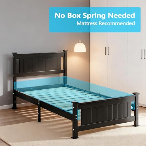 Bonnlo Twin Size Solid Wood Platform Bed Frame, Single Bed with Headboard, No Box Spring Needed Panel Bed, Wood Slat Support Mattress Foundation,Black Bonnlo