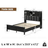 Rolanstar Bed Frame Twin Size with Charging Station, Bookcase Headboard Bed with LED Light and Sliding Doors, Platform Bed with Wooden Slats, No Box Spring Needed, Noise Free, Black Rolanstar