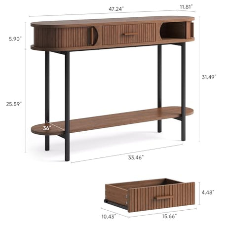 ONBRILL 47 Inch Fluted Console Table with Drawers, Entryway Table with Storage, Oval Sofa Tables Behind Couch, Mid-Century Modern Hallway Tables for Entryway, Hallway, Small Spaces, Walnut ONBRILL