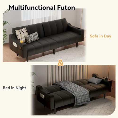 Chfeloai 80'' Futon Sofa Bed,Faux Leather Futon Sleeper Sofa, Convertible Loveseat with Adjustable Sofa Backrest,Modern Couches for Living Room, Bedroom, Apartment, Office (Black) Chfeloai