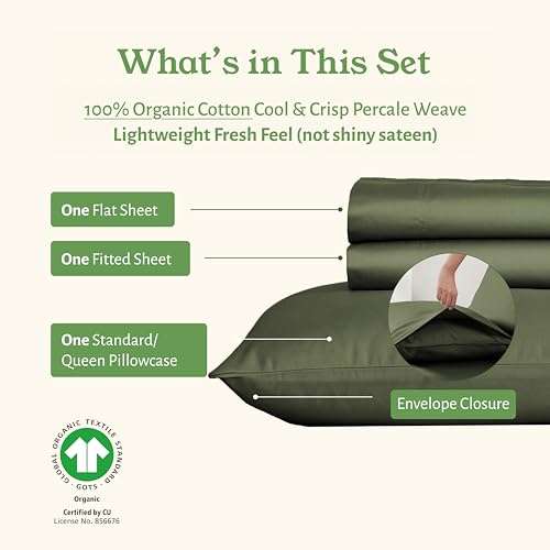 California Design Den Twin XL Sheets Cotton Set - Soft 100% Organic Cotton Sheets, Deep Pockets, Crisp Percale, Breathable and Durable Bedding Set for Dorms, Hospitals - Olive Green California Design Den