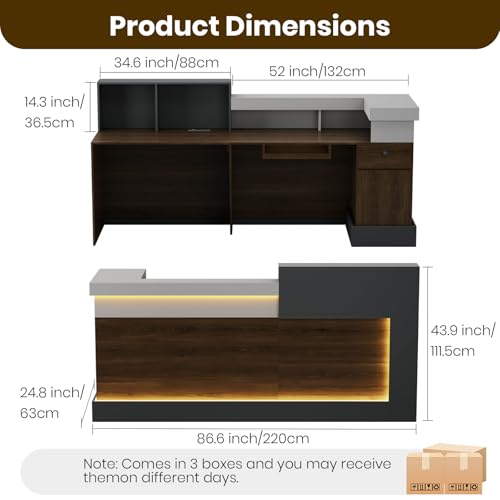 Laxodor 86.6“L-Shaped Reception Desk with Counter,Modern Reception Desk,Front Counter Table with Adjustable File Cabinet & Keyboard Tray,for Office, Hotel,Financia/Law Firms (Brown+Gray+White) Laxodor